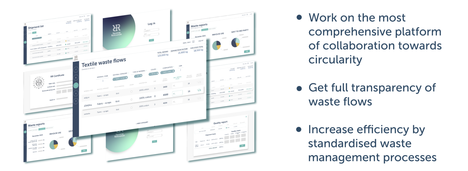 Screenshots of the Reverse Resources platform, promising full transparency of waste flows, standardized waste management processes and collaboration towards circularity.